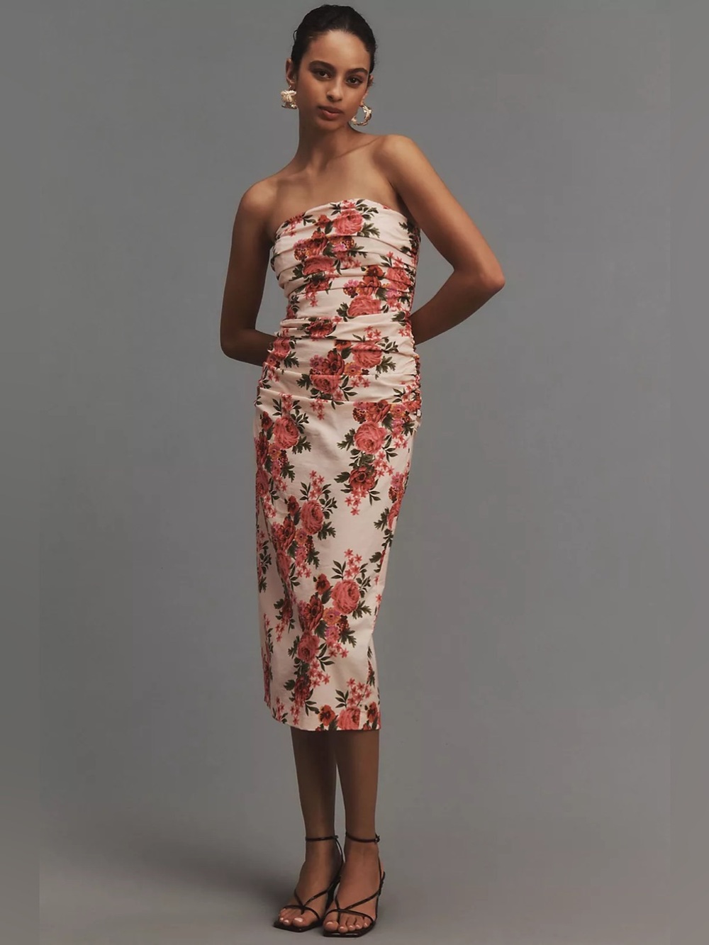 Anthropologie The Soleil Slim Strapless Ruched Floral Dress Size XL Romantic
